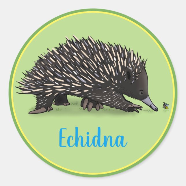 Cute echidna with bug cartoon classic round sticker (Front)