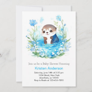 Cute Editable Blue Floral Otter Boy Baby Shower Invitation