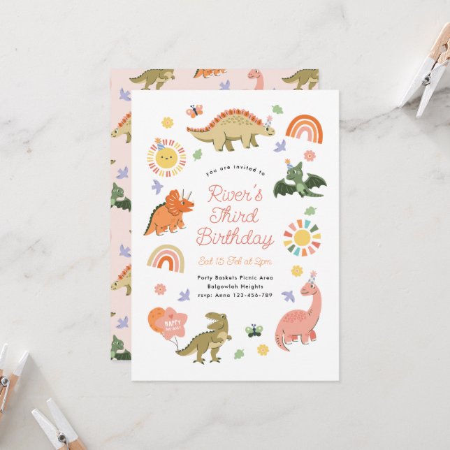 Cute Editable Dinosaur Birthday Party, Dino Party Invitation (Front/Back In Situ)