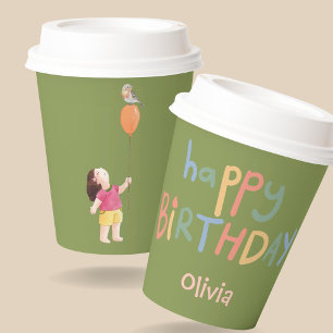 Cute Editable Name Green Picnic Birthday Kids  Paper Cups