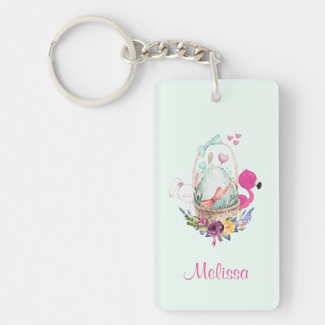 Cute Egg in a Basket with Flamingo and Bunny Key Ring (Front)