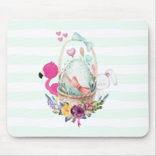 Cute Egg in a Basket with Flamingo and Bunny Mouse Pad