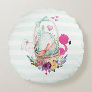Cute Egg in a Basket with Flamingo and Bunny Round Cushion