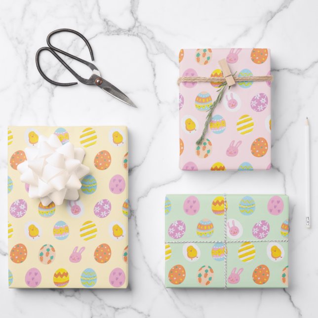 Cute Egg Pattern Green Yellow Pink Kids Birthday Wrapping Paper Sheet (Front)