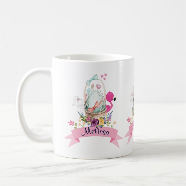 Cute Egg, Pink Flamingo & Bunny, /w Ribbon Coffee Mug (Left)