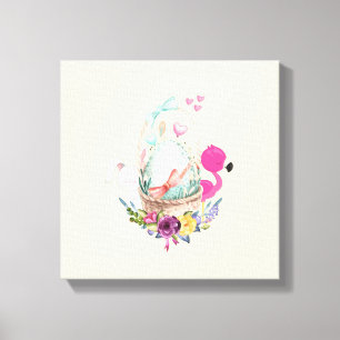 Cute Egg, Pink Flamingo & Bunny, Watercolor Canvas Print