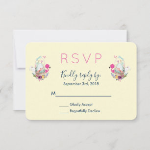 Cute Egg, Pink Flamingo & Bunny Watercolor RSVP Card