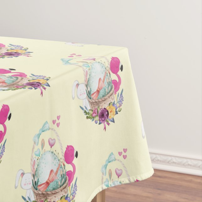 Cute Egg, Pink Flamingo & Bunny, Watercolor Tablecloth (In Situ)