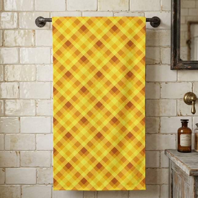 Cute Egg Yolk Yellow Plaid Bath Towel (Cute Egg Yolk Yellow Plaid Bath Towel hanging from a towel rack in a rustic style bathroom.)