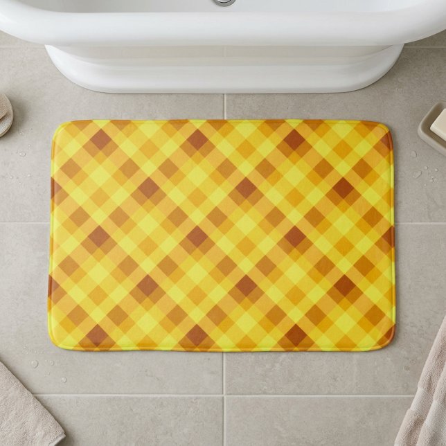 Cute Egg Yolk Yellow Plaid Large Bath Mat (Top down view of Cute Egg Yolk Yellow Plaid Large Bath Mat on a tiled bathroom floor.)