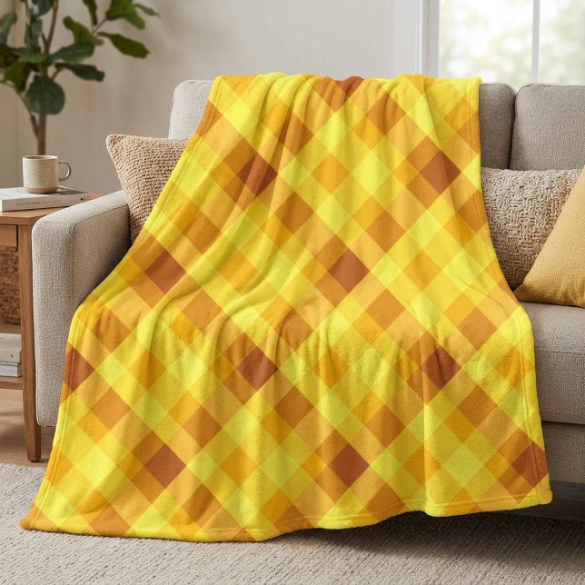 Cute Egg Yolk Yellow Plaid Large Fleece Blanket (Cute Egg Yolk Yellow Plaid Large Fleece Blanket draped over a sofa in a living room.)
