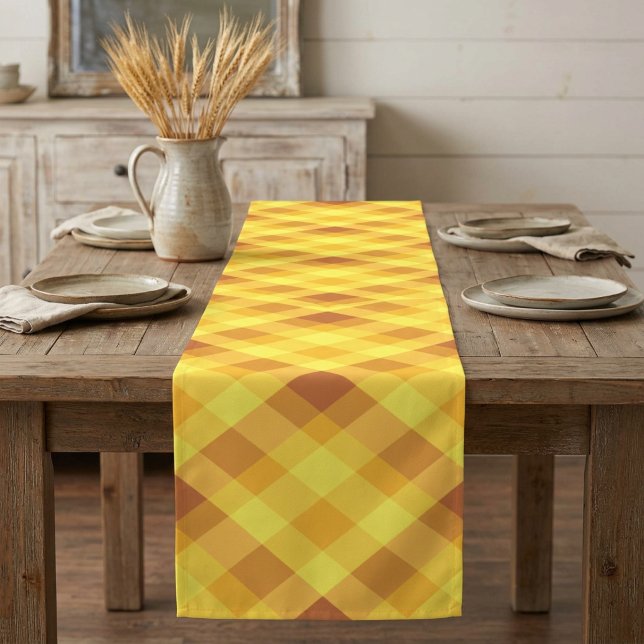 Cute Egg Yolk Yellow Plaid Medium Table Runner (Cute Egg Yolk Yellow Plaid Medium Table Runner draped over a table in a farmhouse style dining room.)