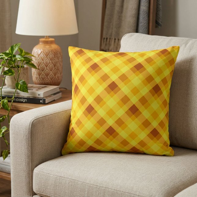 Cute Egg Yolk Yellow Plaid Throw Pillow (Cute Egg Yolk Yellow Plaid Throw Pillow on a sofa in a living room.)