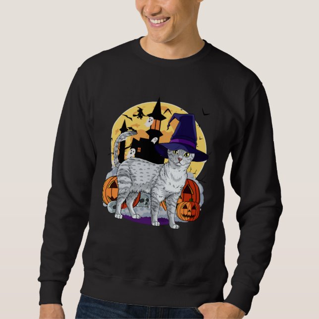 Cute Egyptian Mau Cat Halloween Witch Pumpkin Sweatshirt (Front)