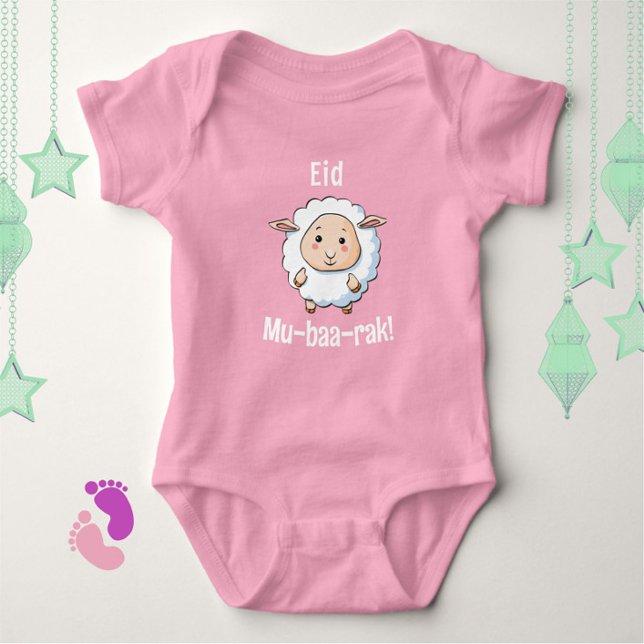Cute "Eid Mubarak" Sheep Pink Baby Girl Bodysuit (A cute, funny baby bodysuit for Eid! A cartoon sheep wishes you "Eid Mu-baa-rak!")