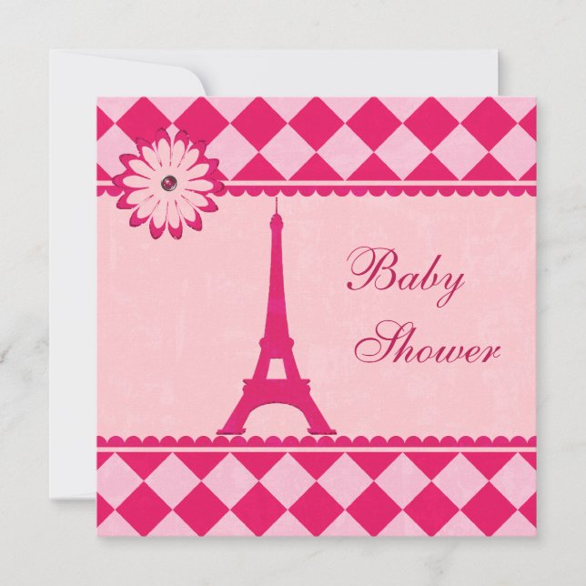 Cute Eiffel Tower Argyle Pink Baby Shower Invitation (Front)