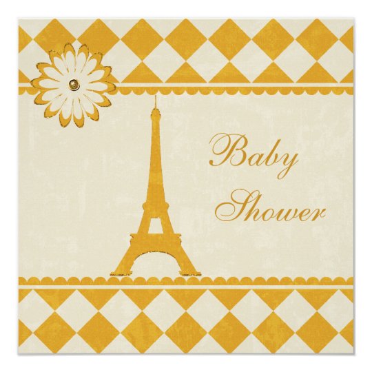 Cute Eiffel Tower Argyle Yellow Baby Shower Card