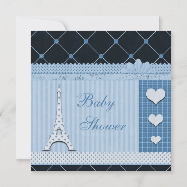 Cute Eiffel Tower Blue Polka Dots Baby Shower Invitation (Front)
