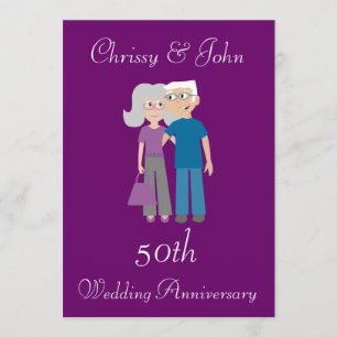 Cute Elderly Couple Purple Wedding Anniversary Invitation