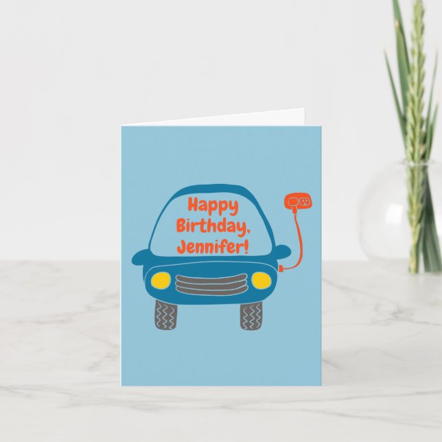 Cute Electric Car Personalised Birthday Card (Front)