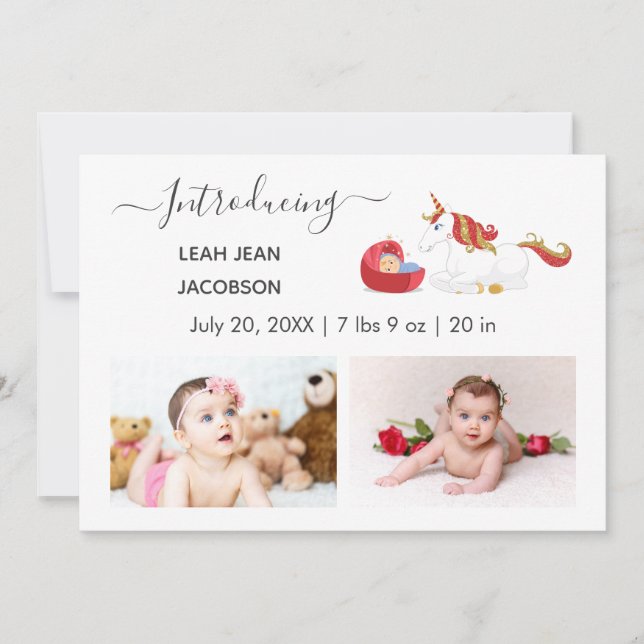 Cute Elegant Baby Photo Birth Announcement Unicorn (Front)