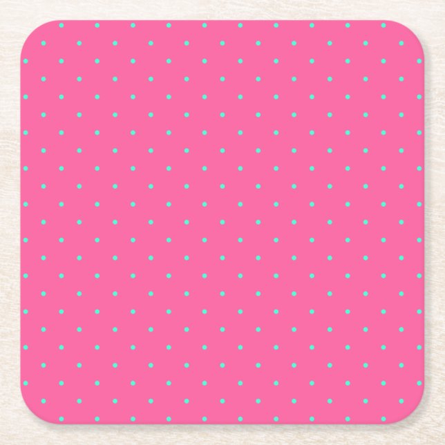 cute elegant baby pink mint polka dots pattern square paper coaster (Front)