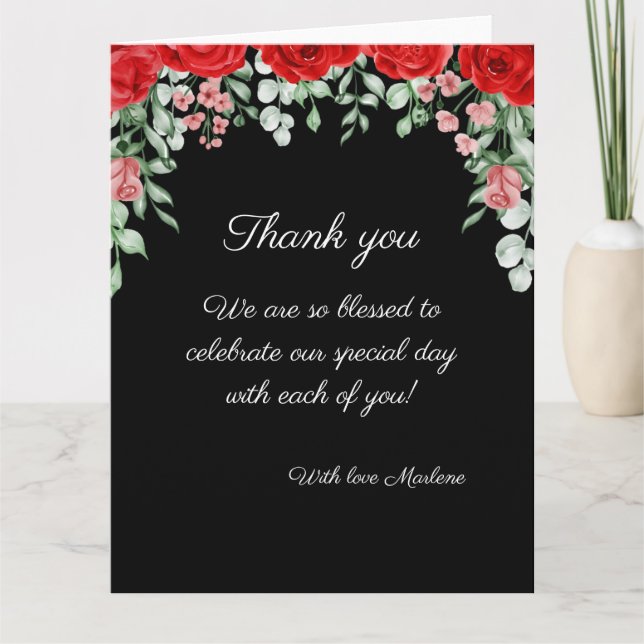 Cute Elegant Black And Red Floral Wedding  Thank You Card (Front)