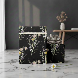 Cute Elegant Black Boho Wildflowers Pattern Wrapping Paper