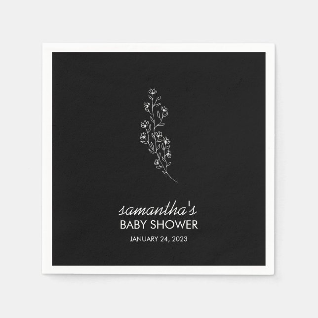 Cute Elegant Black Line Art Flower Napkin (Front)