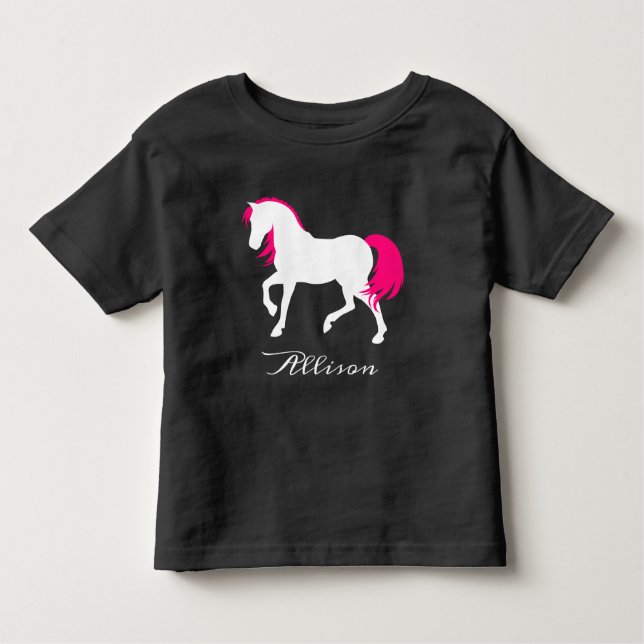 Cute Elegant Black White & Hot Pink Horse Add Name Toddler T-Shirt (Front)