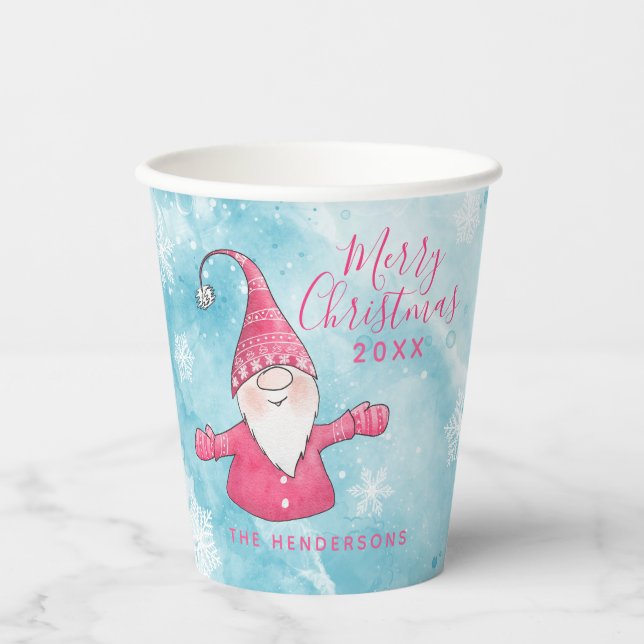 Cute Elegant Blue and Pink Merry Christmas Paper Cups (Front)