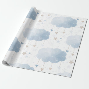 Cute Elegant Blue Ivory Clouds Stars Boy Shower Wrapping Paper