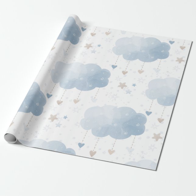Cute Elegant Blue Ivory Clouds Stars Boy Shower Wrapping Paper (Unrolled)