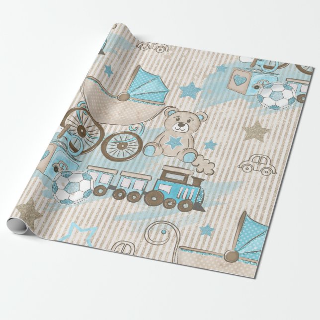 Cute Elegant Blue Ivory Stripes Toys Boy Shower Wrapping Paper (Unrolled)