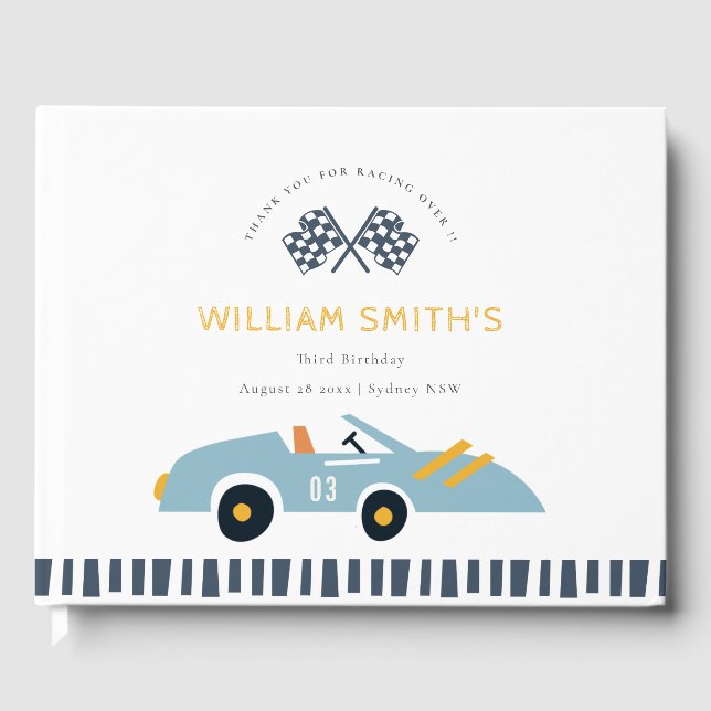 Cute Elegant Blue Race Car Kids Any Age Birthday Guest Book (Front)