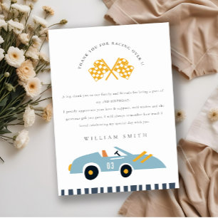 Cute Elegant Blue Race Car Kids Any Age Birthday Thank You Card