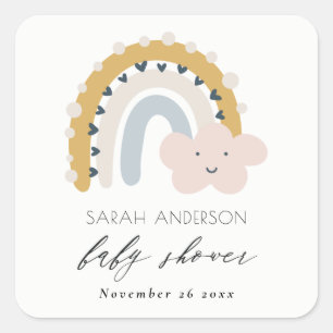 CUTE ELEGANT BLUSH BLUE CLOUD RAINBOW BABY SHOWER SQUARE STICKER