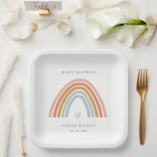 Cute Elegant Blush Blue Heart Rainbow Baby Shower Paper Plate
