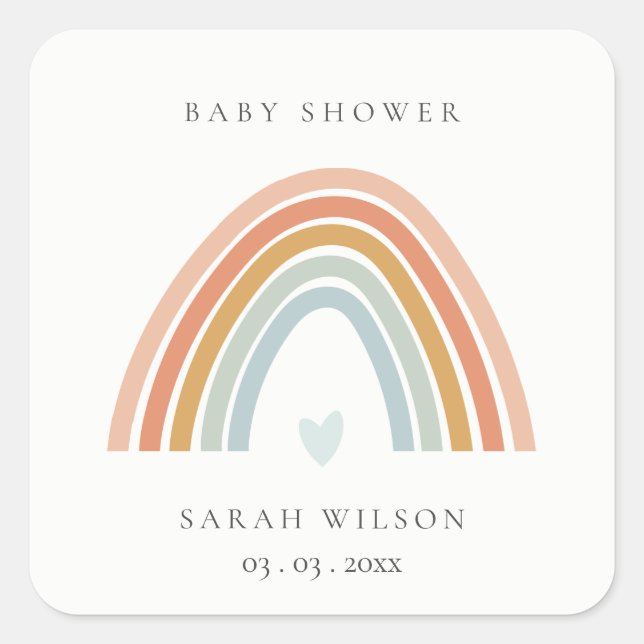 Cute Elegant Blush Blue Heart Rainbow Baby Shower  Square Sticker (Front)