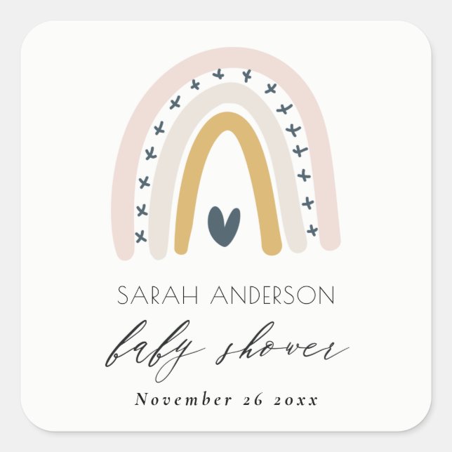 CUTE ELEGANT BLUSH BLUE HEART RAINBOW BABY SHOWER SQUARE STICKER (Front)