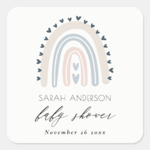 CUTE ELEGANT BLUSH BLUE HEART RAINBOW BABY SHOWER SQUARE STICKER