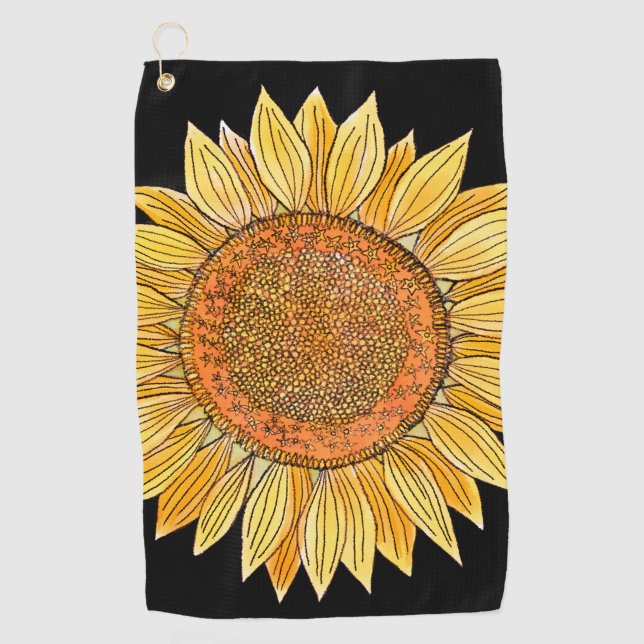  Cute Elegant Boho Art Yellow Watercolor Sunflower Golf Towel (Front)
