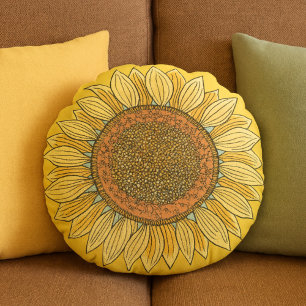 Cute Elegant Boho Farmhouse Yellow Sunflower Art Round Cushion