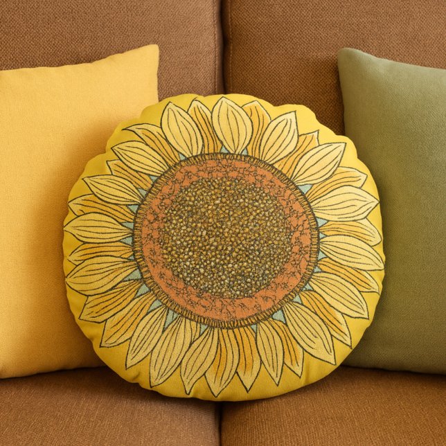   Cute Elegant Boho Farmhouse Yellow Sunflower Art Round Cushion (Creator Uploaded)