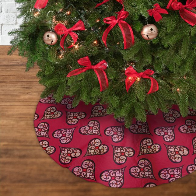 Cute & Elegant Boho Hearts Red Vintage Pattern Brushed Polyester Tree Skirt (Creator Uploaded)