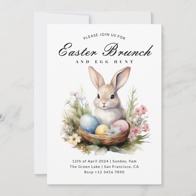 Cute Elegant Bunny Easter Brunch & Egg Hunt Invitation (Front)