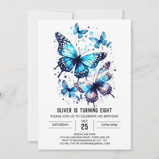 Cute Elegant Butterfly Boy Birthday Invitation (Front)