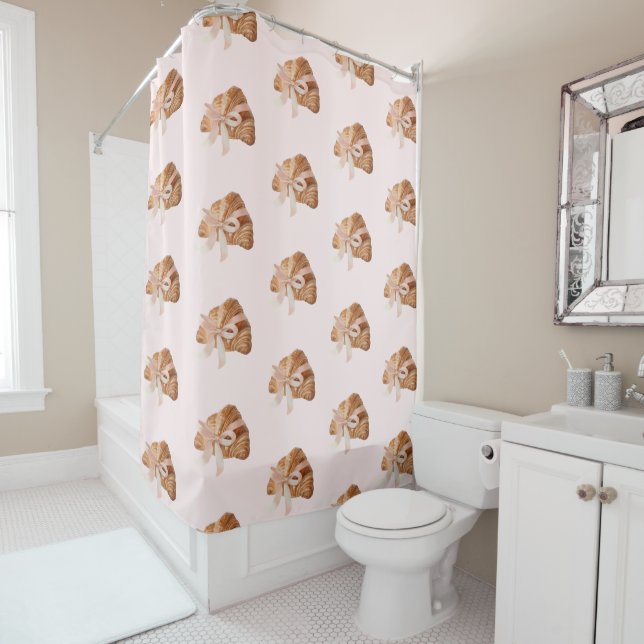 Cute Elegant Coquette Croissant Pink Ribbon  Shower Curtain (In Situ)