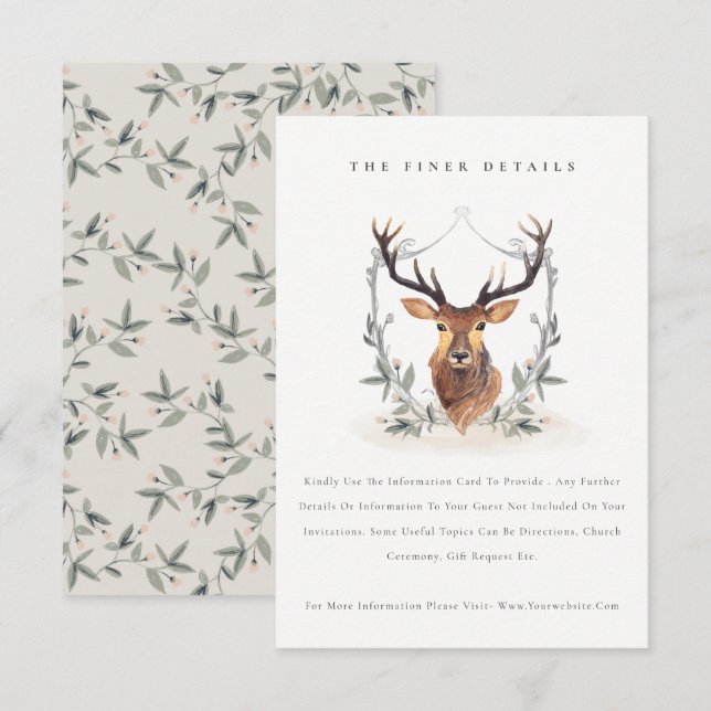 Cute Elegant Deer Floral Crest Wedding Details Enclosure Card (Front/Back)