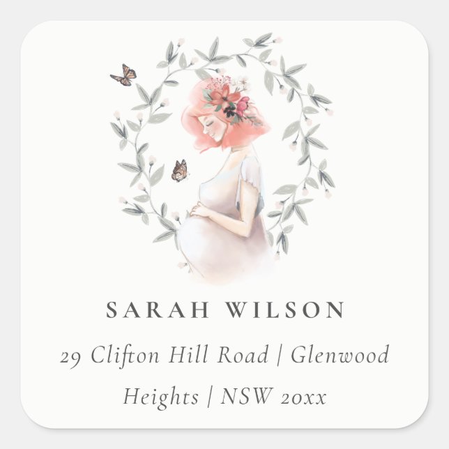 Cute Elegant Expectant Women Foliage Address Square Sticker (Front)